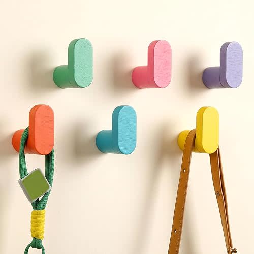 6 Pcs Wood Coat Hook Cute, Kids Wall Hook Playroom Decor, Small, Pastel