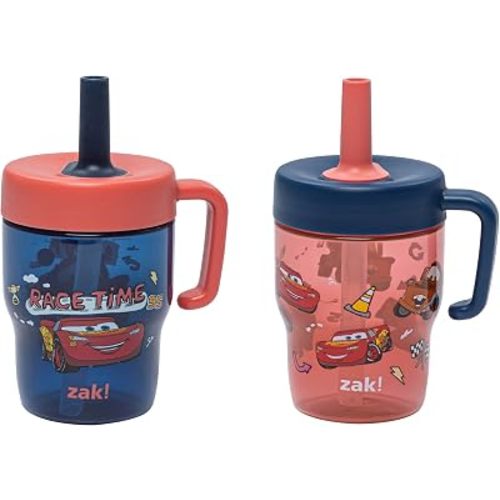 Zak Designs Disney Pixar Cars Capri Toddler Tumbler For Travel or At Home, 10oz 2-Pack Durable Plastic Sippy Cups With Handle and Leak-Proof Design are Perfect For Kids (Lightning McQueen & Tow Mater)