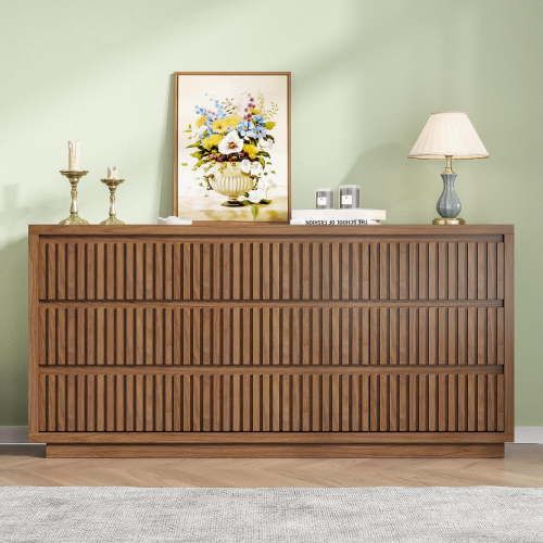 Fluted Long 9-Drawer Dresser, 58'' Mid Century Wood Chest of Drawers, Large Bedroom Clothes Organizer & Walnut TV Stand