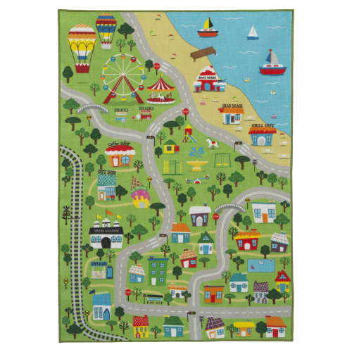 Delta Children Kids Extra Large Road Map Activity Rug, 6’6" L x 4’6" W, Beach Town/Green