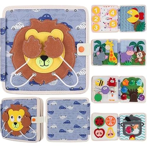 Montessori Busy Board for Toddlers, Soft Activity Book for Fine Motor Skills, Counting, Cognition, Sorting Matching, Travel Toys for Airplane Car, Gift for Girl Boy 2-4 Years Old (Lion)