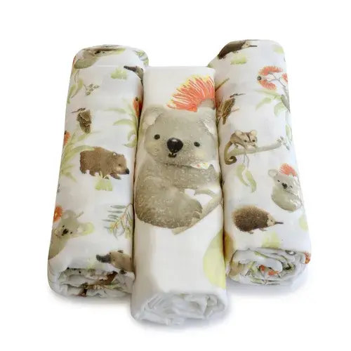 Bubba Blue Muslin Wrap Aussie Animals Oatmeal Size 3 Pack | Baby Bunting AU