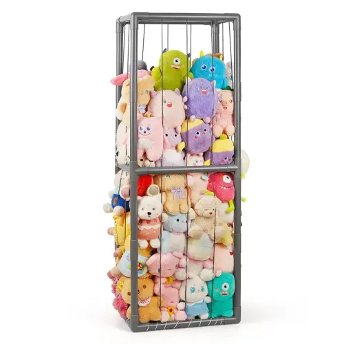 Trycooling Stuffed Animal Storage Zoo Stuffed Animal Holder Space Save Vertical Stuffed Animals Storage PVC with Elastic Band and Net for Playroom Bedroom Nursery (Grey 1)