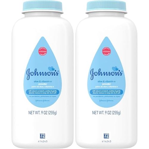 Johnson's Baby Cornstarch Baby Powder, Aloe & Vitamin E for Delicate Skin, Hypoallergenic, No Added Parabens, & Dyes, Silky for Gentle Baby-Skin Care, Baby-Essentials, 9 oz (Pack of 2)