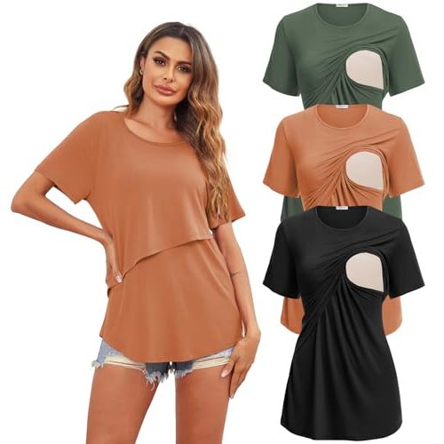 Ekouaer Women's Maternity Shirts Short Sleeves Nursing Tops 3 Pack Double Laye Breastfeeding Tees Pregnancy Clothes S-XXL