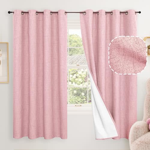 Lajode Baby Pink Linen Blackout Curtains 63" Long Each 60 Wide 2 Panels | Thermal Insulated 100% Black Out Curtains for Living Room Bedroom - Grommet Top Noise Reducing Privacy Window Treatments