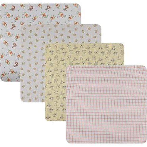 Disney Baby 4-Pack Receiving Blankets — 100% Cotton Flannel, 28" x 28" — Available in Mickey, Minnie, Pooh, Stitch or Angel — Soft Swaddle, Burp & Stroller Blankets — Gift-Ready with Ribbon Bow