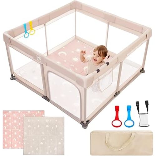 Baby Playpen with Mat, 50x50x27 IN Large Playpen for Babies and Toddlers, Safety Play Yard for Infant, Indoor & Outdoor Play Pen, Baby Fence with Soft Breathable Mesh, Parc pour Bébé
