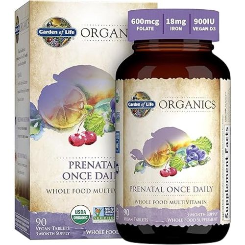 Garden of Life Prenatal Vitamins for Women, Organics Folate for Energy & Healthy Fetal Development, Non-constipating Iron, Vitamin C, B6, B12, D3, Non-GMO, Gluten-Free, Vegan, 90 Day Supply