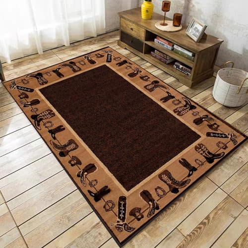 Western Theme Cowboy Boots Kids Rugs, 5x8ft, Lodge Cabin Country Carpet for Bedroom, Printed Fade Resistant Pet Friendly Absorbent Reduce Noise Anti-Slip Rug for Runner Nursery Bedside