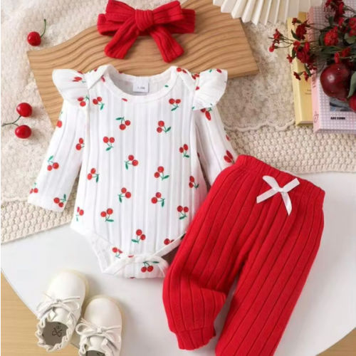 2pcs Baby Girl Cute Comfortable Cherry Pattern Romper & Pants Set With Headband, Autumn/Winter | SHEIN USA
