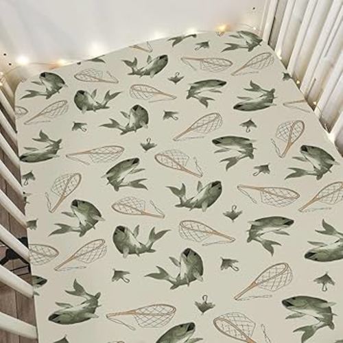Retro Gone Fishing Baby Crib Sheets for Boy Girl 52"x28" Vintage Bass Fishes Net Lake Soft Snug Fitted Crib Mattress Cover Fishing Lovers Gift Nursery Baby Sheet for Crib & Toddler Bed Mattresses