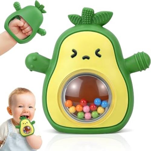 Avocado Baby Teething Toy with Rattle, Silicone Teether Mitten 3-12 Months | BPA Free, Anti Drop Teething Glove, Easy to Grip, Baby Teether for Teething Relief, Infant Chew Toys, Newborn Gifts