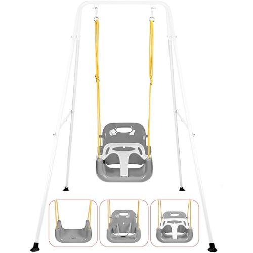 3-in-1 Toddler Swing Set, Foldable Baby Swing with Stand, Indoor & Outdoor Kids Swings Sets, Multifunctional Swings for Home Backyard, Easy to Install and Store (White)