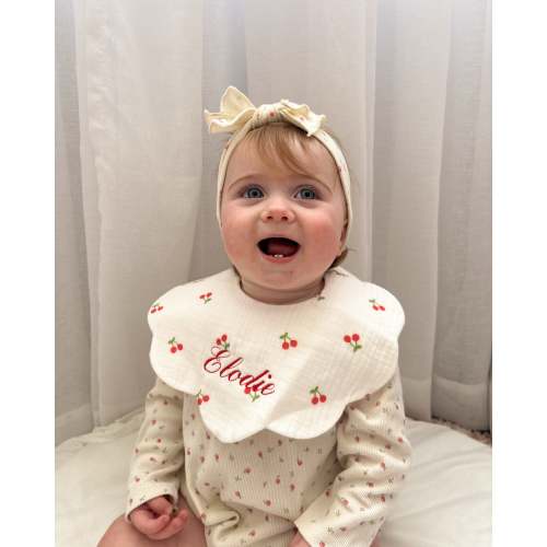 Organic Muslin 5-Layer Dribble Bib - White Cherries