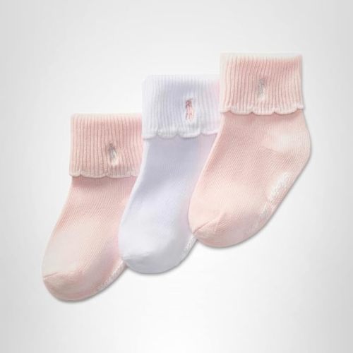 POLO RALPH LAUREN baby-girls Scalloped Edge Turn Cuff Ankle Socks - 3 Pair Pack - Grippers and Soft Cotton
