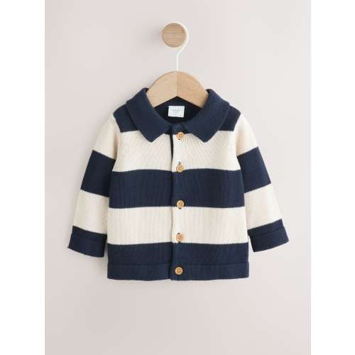 Navy Blue Baby Knitted Striped Cardigan With Collar (0mths-2yrs)