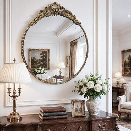 G-LEAF Vintage Gold Bow Mirror 28", Antique Baroque Mirror with Ornate Floral Beaded Frame for Bedroom Bathroom Vanity Entryway Living Room Decor