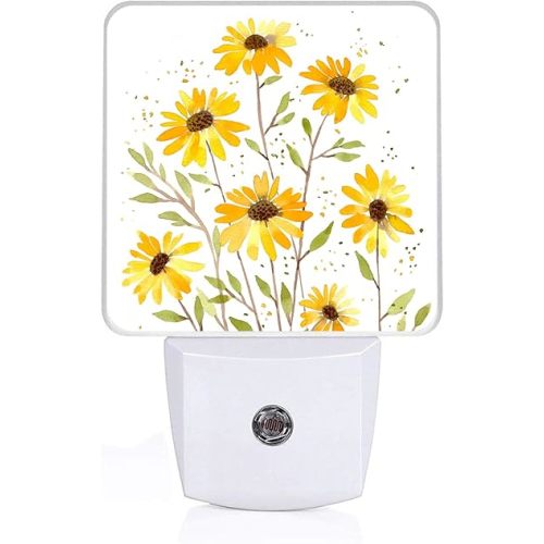 Watercolor Sunflower Night Light, Plug-into Vintage Floral Nightlight White LED Lamp, Energy Efficient Decor Desk Lamp for Bedroom Hallway Stairs Bathroom