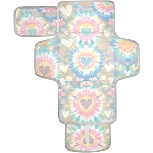 Pastel Tie Dye Hearts Portable Diaper Changing Pad - Waterproof Travel Mat with Head Cushion, Diaper & Wipes Pockets, Foldable Baby Changing Mat for On-The-Go Parents