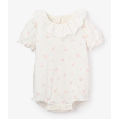 Pink Swan Print Organic Cotton Rib Baby Bubble Romper, 0-3 M