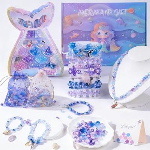 Danvren Mermaid Bracelet Making Kit for Girls, Mermaids Toys Jewelry Craft Christmas Birthday Gifts for Girl, 200+ DIY Beads,Charm Necklace Making Kits for Kids Ages 5-10