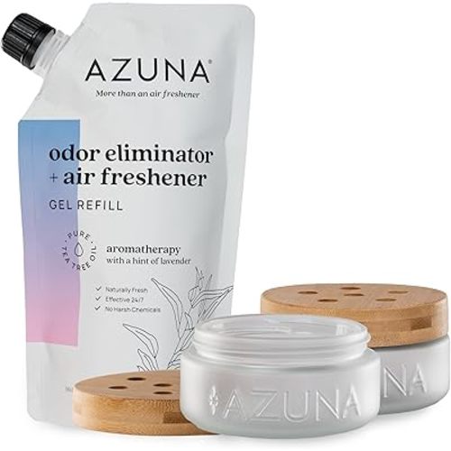 Azuna Air Freshener & Odor Eliminator Gel 2 Room Kit, Includes (2) 8 oz. Unfilled Luxe Glass Jars & 12 oz. Refill with Lavender & Tea Tree Essential Oil, Aromatherapy, Works 24/7 for 60-90 Days