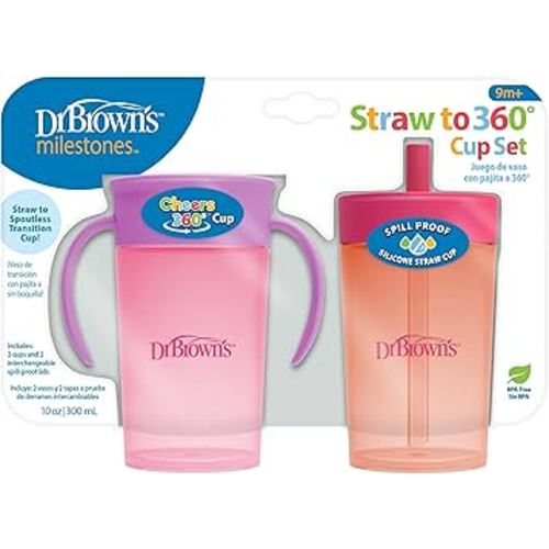 Amazon.com: Dr. Brown's Milestones Straw to 360 Convertible Toddler Training Cup Set with Interchangeable Silicone Straw and 360 Degree Cup Lids, Pink Coral, 10 oz/300 mL, BPA-Free, 9m+, 2-Pack : Home & Kitchen