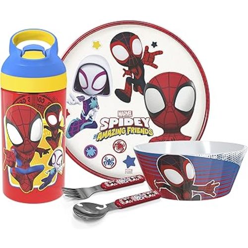 Zak Designs 5-Piece Dinnerware Set, Marvel Spidey and His Amazing Friends - Durable Plastic & Stainless Steel - Includes Water Bottle, Plate, Bowl, Fork & Spoon - Suitable for Kids Ages 3+