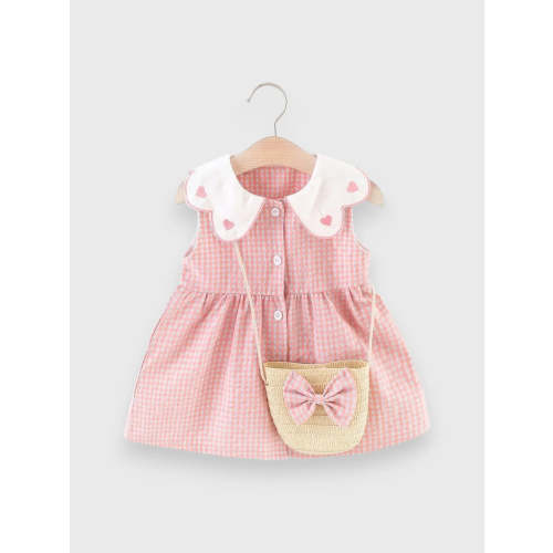 2 Pc Gingham Heart Collar Sun Dress with Bag