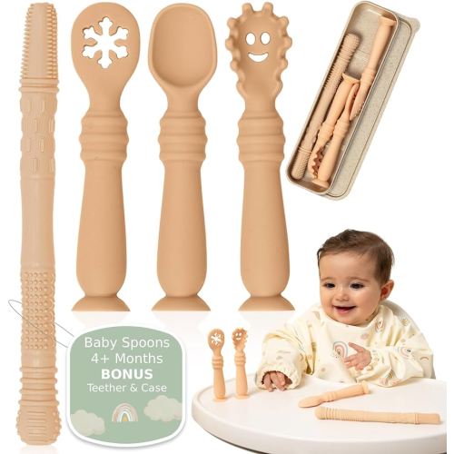 Bornealand® Baby Self Feeding Spoon Set with case – Infant Spoons First Stage with Suction Base – Baby Spoons 4 Months – Infant Feeding Essentials (Cream)