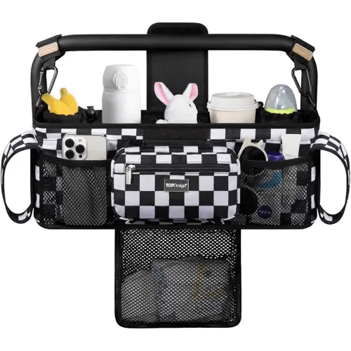 TOPDesign Universal Baby Stroller Organizer, Double Stroller Caddy with Detachable Mesh Bag & Heightened Insulated Cup Holders & Non-Slip Secure Hooks Accessories, Fits Most Strollers (Checkerboard)