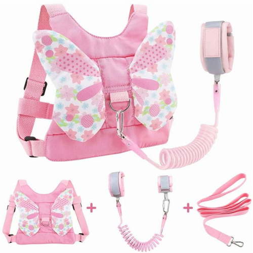 3 in 1 Toddlers Leash + Anti Lost Wrist Link Child Kids Safety Harness Kids Walking Wristband Assistant for Girl Pink Christmas Gift(Pink Butterfly)