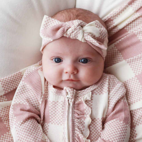 Big Check Bamboo Waffle Zipper Ruffle Footie | Rosy