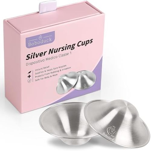 Boboduck The Original Silver Nursing Cups - Nipple Shields for Nursing Newborn, Newborn Breastfeeding Must Haves for Soothe and Protect Your Nursing Nipples - 925 Silver (Regular Size)