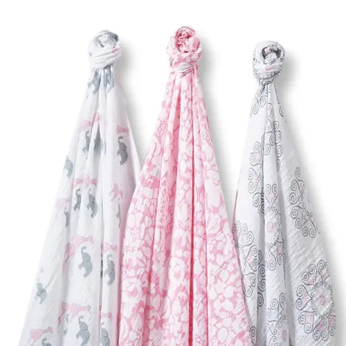 SwaddleDesigns Large Marquisette Receiving Swaddle Blankets for Baby Boys/Girls, Soft Premium Cotton Muslin, Boutique Quality, Best Shower Gift, SwaddleLite Pink Lush Safari, Parent Picks Award Winner , Pink, Gray, Sterling , 46x46 inches