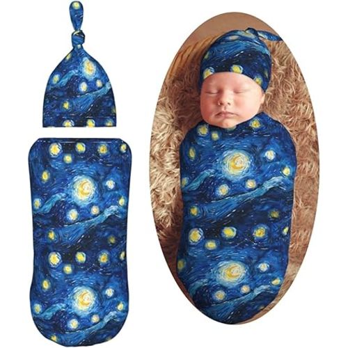 Starry Sky Watercolor Painting Newborn Swaddle Blankets Hat Sets Soft Baby Receiving Blanket Swaddle Sack for Baby Shower Infant Boy Girl Gift