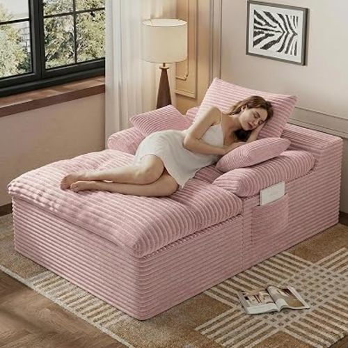 65" Oversized Chaise Lounge Chair Indoor, Boneless Chaise Lounge Chair with Double Layer Side Pockets 3 Pillows, Cloud Corduroy Chaise Sofa Bed Sleeper Couches for Living Room No Assembly Require,Pink