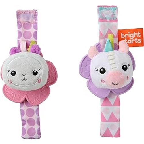 Bright Starts Rattle & Teethe Wrist Pals Toy, Unicorn & Llama, Newborn+, 2 Count