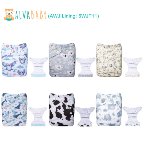 6-Pack AWJ Cloth Diapers with 6 Bamboo Inserts (4 Layers) - One Size Adjustable & Reusable Pocket Diapers for Summer