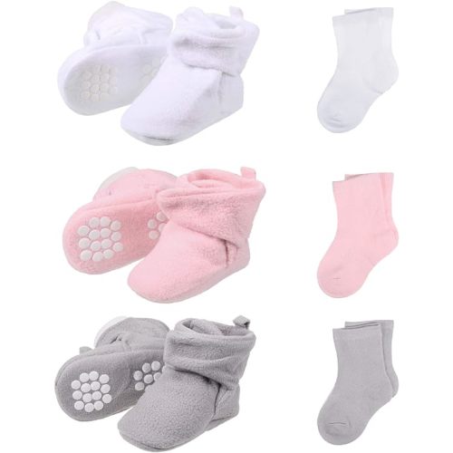 SATINIOR 3 Pairs Unisex Cozy Fleece Baby Booties with 3 Pairs Infant Cotton Socks