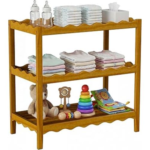 Changing Table, Compact and Lightweight, Solid Wood New Zealand Pinewood, Two Storage Wave-Shaped Shelves, Nursery Organizer, Dark Wood
