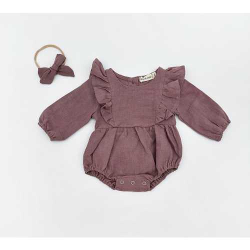 Baby Girl Linen Ruffle Bubble Romper | OPTION Sets  socks + Bow + Cardigan | PLUM Gabriella