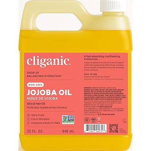 Cliganic Non-GMO Jojoba Oil Bulk 32oz, 100% Pure - Natural Cold Pressed Unrefined Hexane Free Oil for Hair & Face