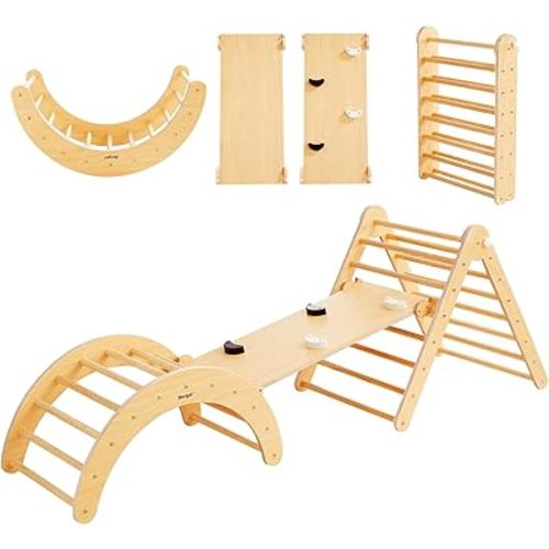 Beright 5 In1 Pikler Triangle Gym, Foldable Climbing Triangle Ladder Toys with Ramp, Indoor Climbing Toys for Kids, Play Gym, Arch Climber, Rocker, Learning Waldorf Children Toy Structure, Natural