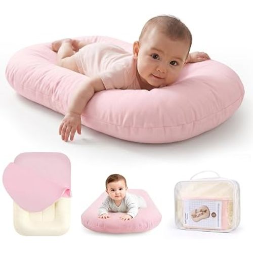 Baby Lounger 0-24 Months, 3.9" Side Bumpers for Roll Prevention + 1.9" Shallow Indent to Reduce Suffocation Risk – Portable Infant Support Cushion, CPSC Certified, Machine Washable (Pink)
