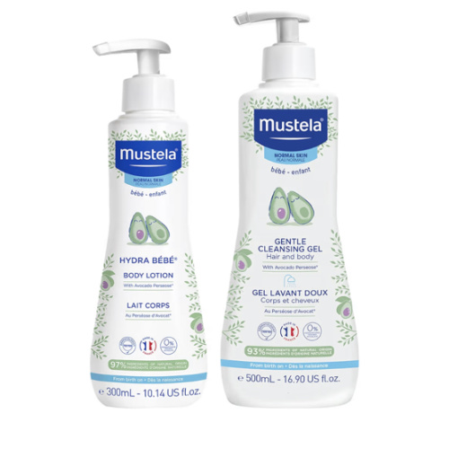 Mustela Baby Bath Time Gift Set - Baby Skin Care Essentials with Natural Avocado - Contains Hydra Bebe Body Lotion 10.14 fl. oz. & Gentle Cleansing Gel 16.9 fl. oz. - 2 Items Set
