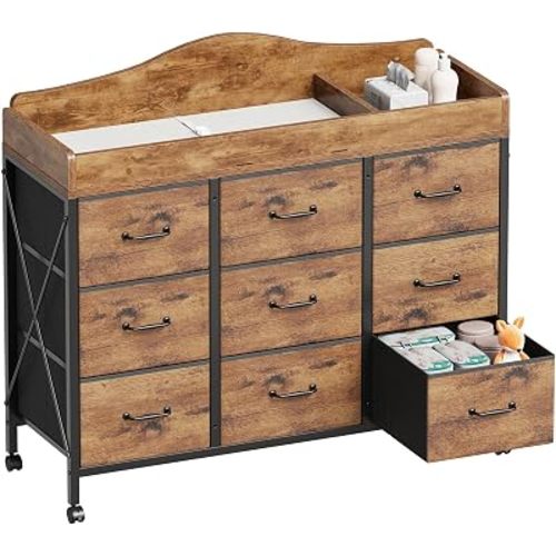 Baby Changing Table, 9 Fabric Boxes, Waterproof Pad, Mobile, Rustic Brown