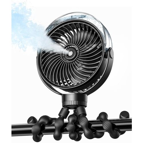 SWEETFULL Misting Stroller Fan – Portable Baby Fan with Spray Cooling, 4 Speeds, Quiet Rechargeable Fans for Travel, Outdoor, Golf Cart, Car Seat, Beach (Black)