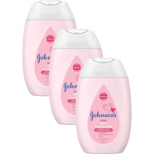 Johnson's Moisturizing Mild Pink Baby Lotion with Coconut Oil for Delicate Baby Skin, Paraben-, Phthalate- & Dye-Free, Hypoallergenic & Dermatologist-Tested, Baby Skin Care, 3.4 Fl. Oz (Pack of 3)